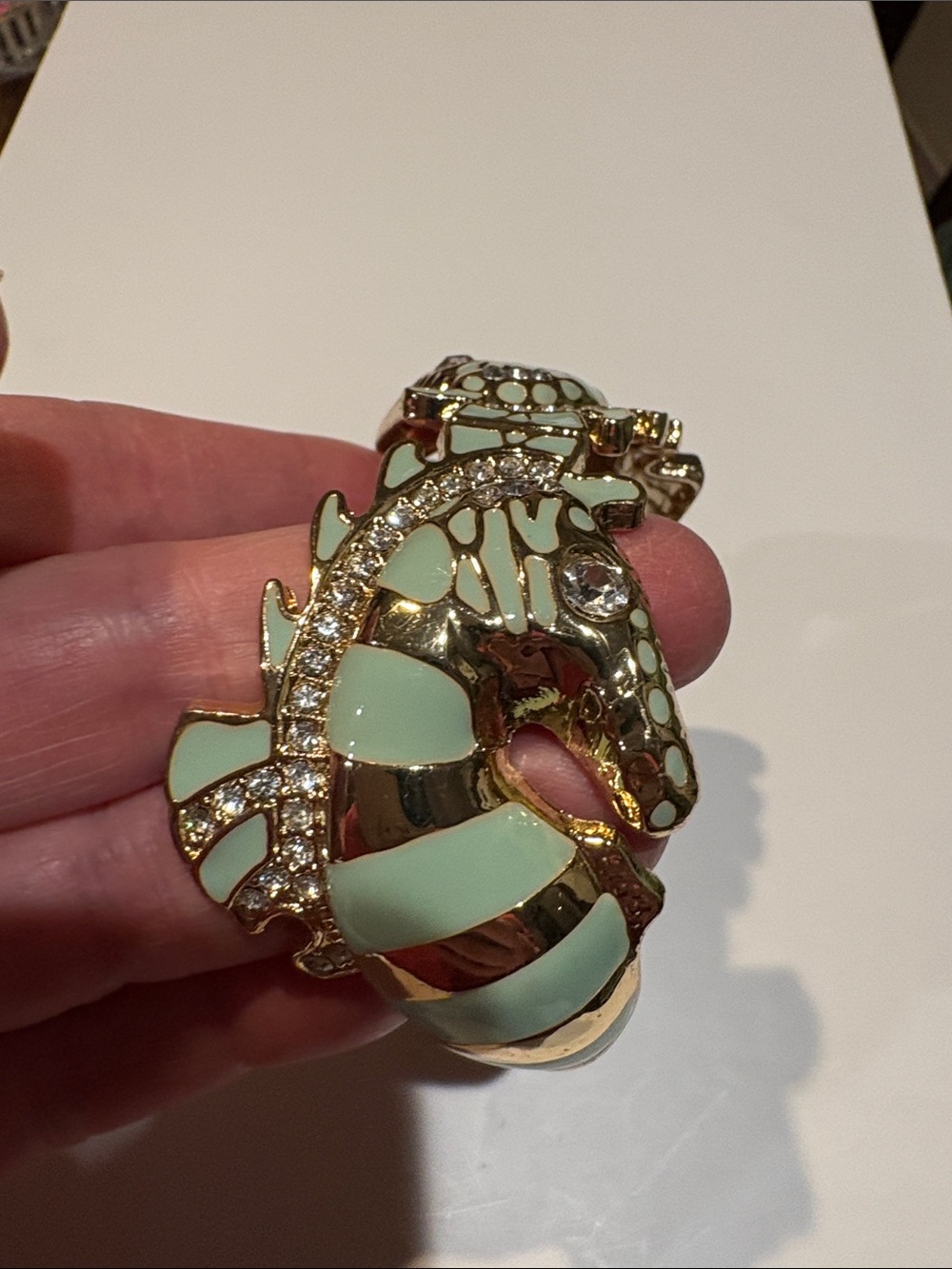 Gold-Tone Mint Enamel Seahorse Brooch with Crystal Accents